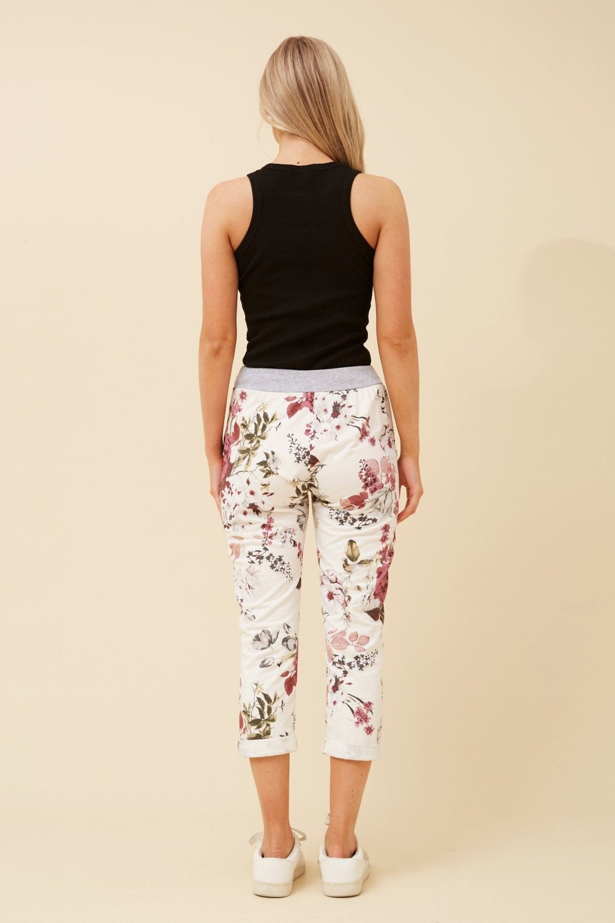 WHITE FLORAL COTTON JERSEY WAIST JOGGER_by_BOTTEGA MODA_women's_in_New Zealand_ BOTTEGA MODA_WHITE FLORAL COTTON JERSEY WAIST JOGGER _ WHITE FLORAL COTTON JERSEY WAIST JOGGER _ Ebony Boutique NZ _
