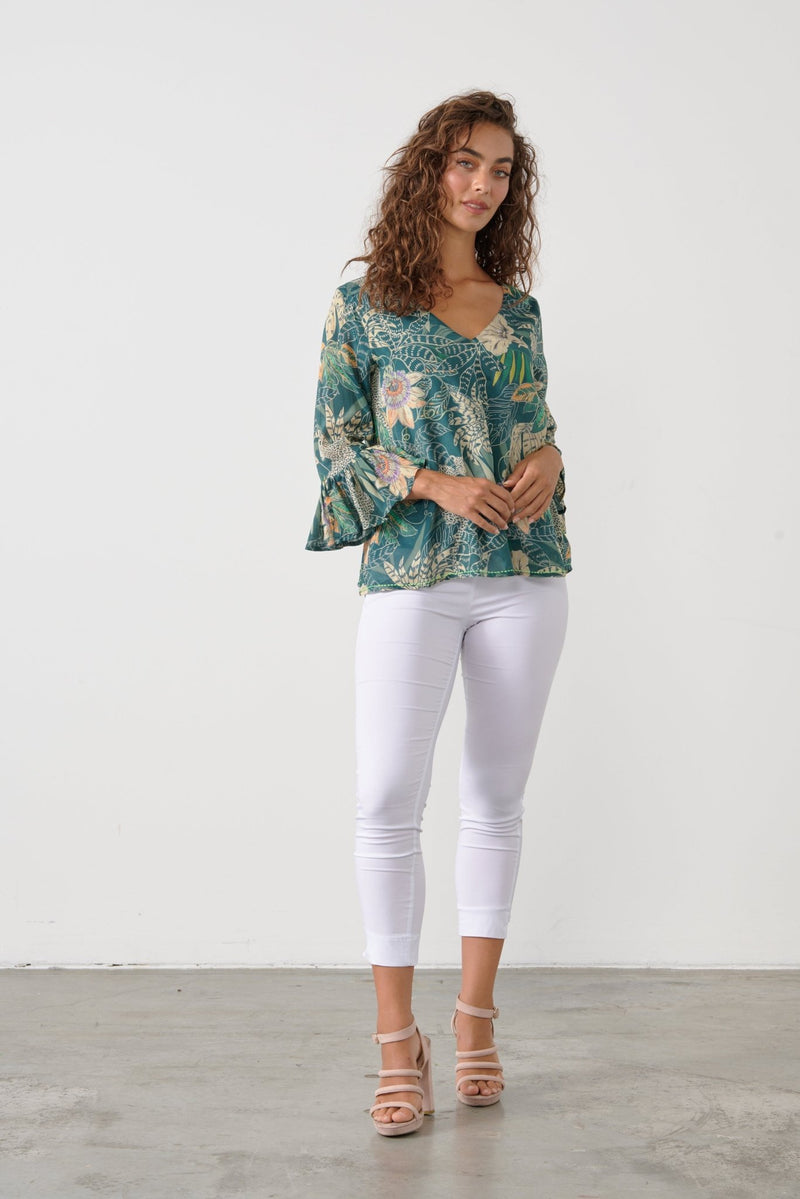 CAJU_JUNGLE PRINT BLOUSE V NECK RUFFLE SLEEVES _ JUNGLE PRINT BLOUSE V NECK RUFFLE SLEEVES _ Ebony Boutique NZ