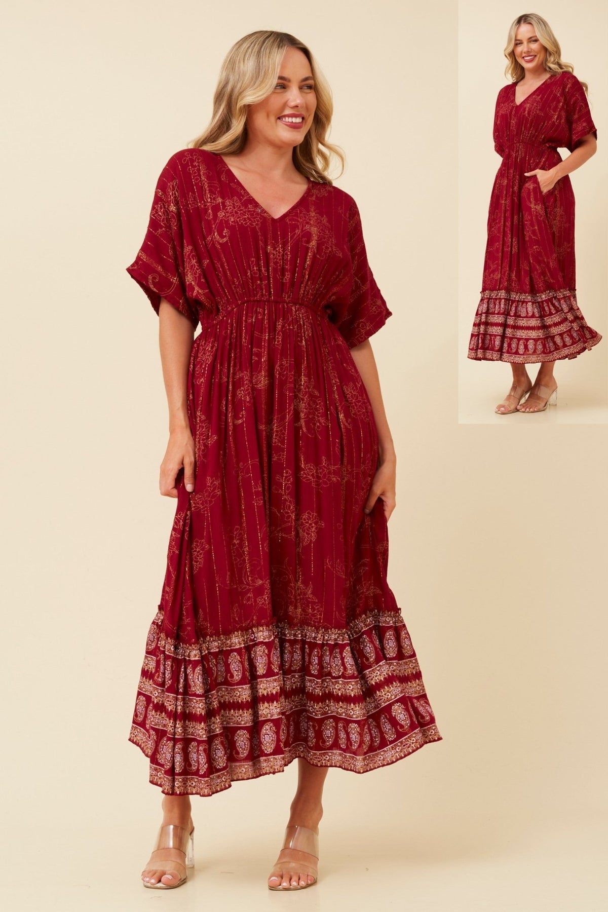 CAROLINE MORGAN_COTTON BOHO DRESS MAROON _ COTTON BOHO DRESS MAROON _ Ebony Boutique NZ