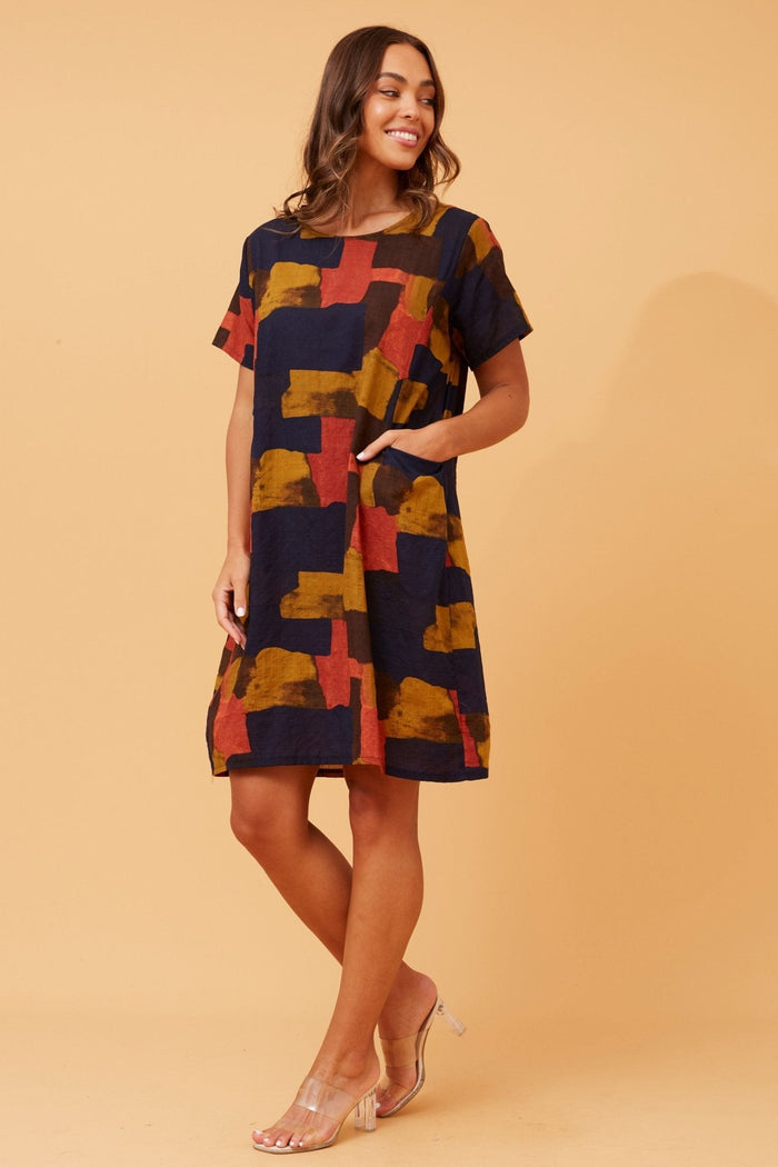 COTTON POCKET DRESS AUTUMN MULTI_by_CAROLINE MORGAN_women's_in_New Zealand_ CAROLINE MORGAN_COTTON DRESS WITH POCKETS _ COTTON DRESS WITH POCKETS _ Ebony Boutique NZ _