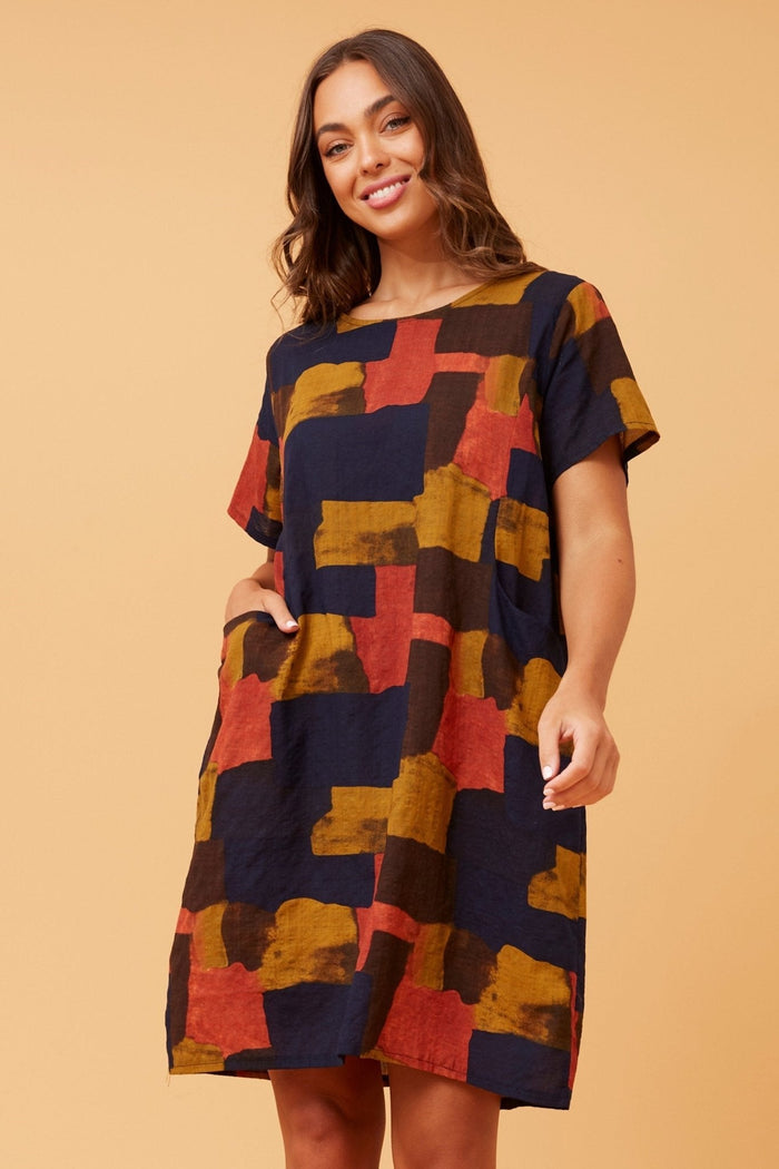 COTTON POCKET DRESS AUTUMN MULTI_by_CAROLINE MORGAN_women's_in_New Zealand_ CAROLINE MORGAN_COTTON DRESS WITH POCKETS _ COTTON DRESS WITH POCKETS _ Ebony Boutique NZ _
