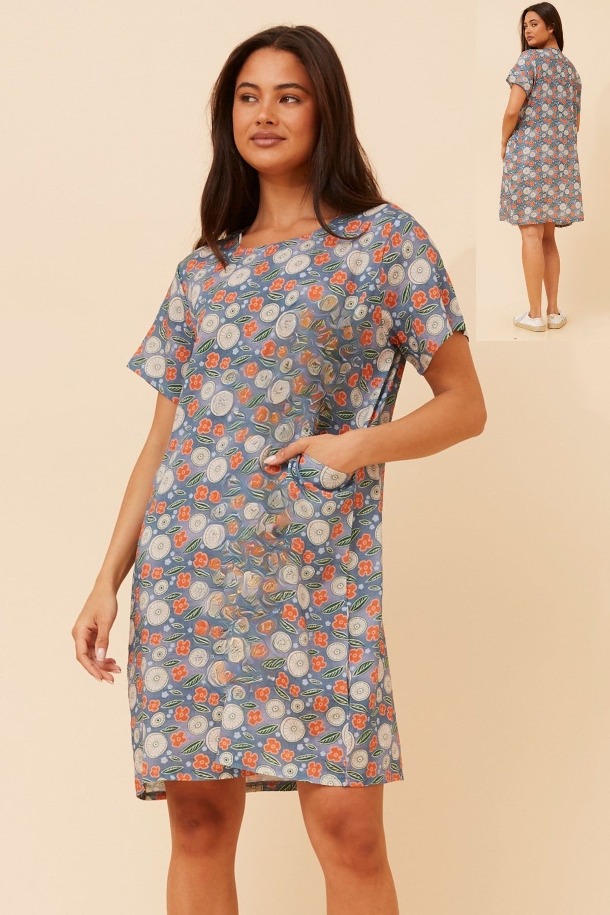 CAROLINE MORGAN_COTTON POCKET DRESS BLUE FLORAL _ COTTON POCKET DRESS BLUE FLORAL _ Ebony Boutique NZ