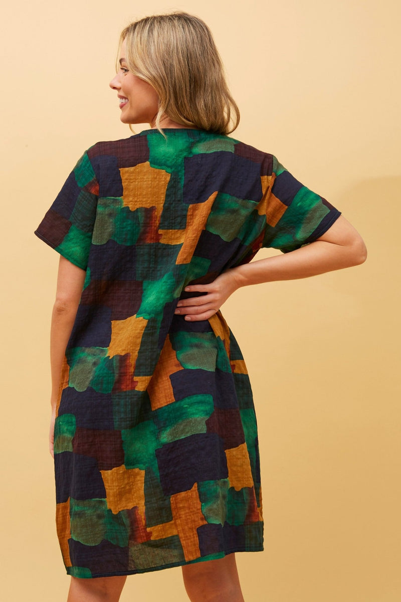 CAROLINE MORGAN_COTTON POCKET DRESS GREEN NAVY MULTI _ COTTON POCKET DRESS GREEN NAVY MULTI _ Ebony Boutique NZ