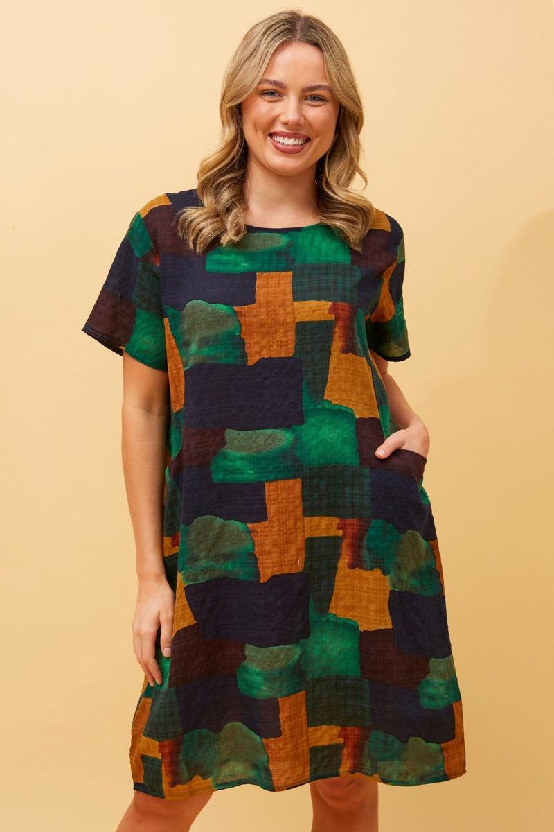 CAROLINE MORGAN_COTTON POCKET DRESS GREEN NAVY MULTI _ COTTON POCKET DRESS GREEN NAVY MULTI _ Ebony Boutique NZ