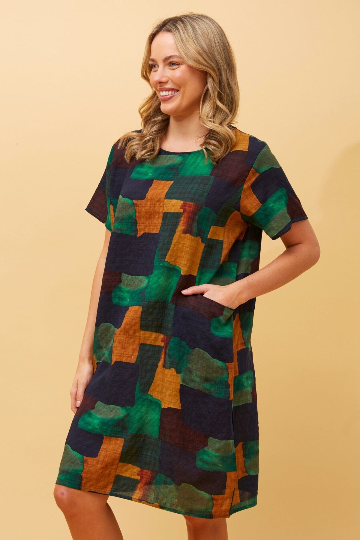 CAROLINE MORGAN_COTTON POCKET DRESS GREEN NAVY MULTI _ COTTON POCKET DRESS GREEN NAVY MULTI _ Ebony Boutique NZ