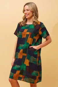 CAROLINE MORGAN_COTTON POCKET DRESS GREEN NAVY MULTI _ COTTON POCKET DRESS GREEN NAVY MULTI _ Ebony Boutique NZ