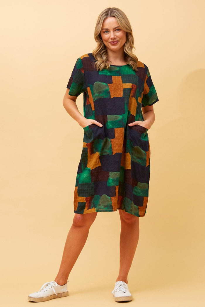 CAROLINE MORGAN_COTTON POCKET DRESS GREEN NAVY MULTI _ COTTON POCKET DRESS GREEN NAVY MULTI _ Ebony Boutique NZ