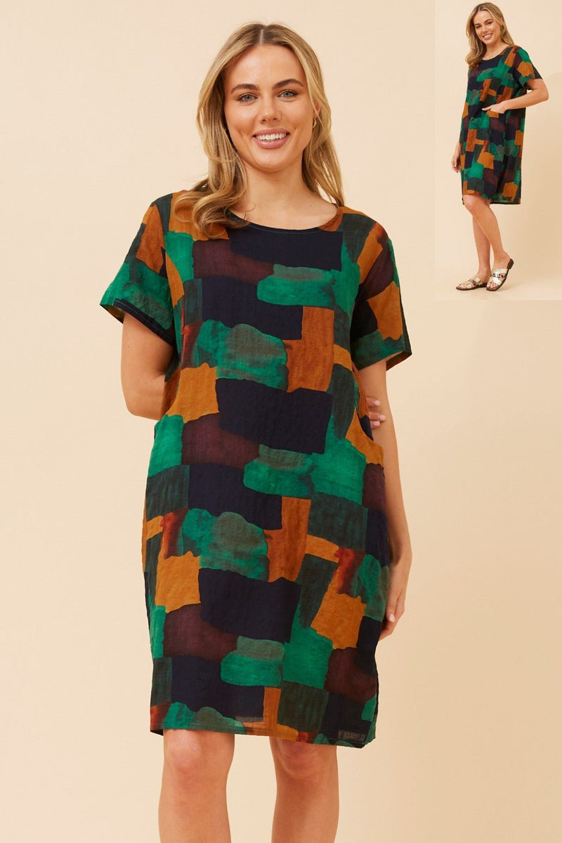 CAROLINE MORGAN_COTTON POCKET DRESS GREEN NAVY MULTI _ COTTON POCKET DRESS GREEN NAVY MULTI _ Ebony Boutique NZ