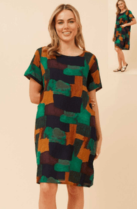 CAROLINE MORGAN_COTTON POCKET DRESS GREEN NAVY MULTI _ COTTON POCKET DRESS GREEN NAVY MULTI _ Ebony Boutique NZ