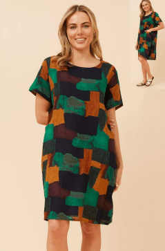 CAROLINE MORGAN_COTTON POCKET DRESS GREEN NAVY MULTI _ COTTON POCKET DRESS GREEN NAVY MULTI _ Ebony Boutique NZ