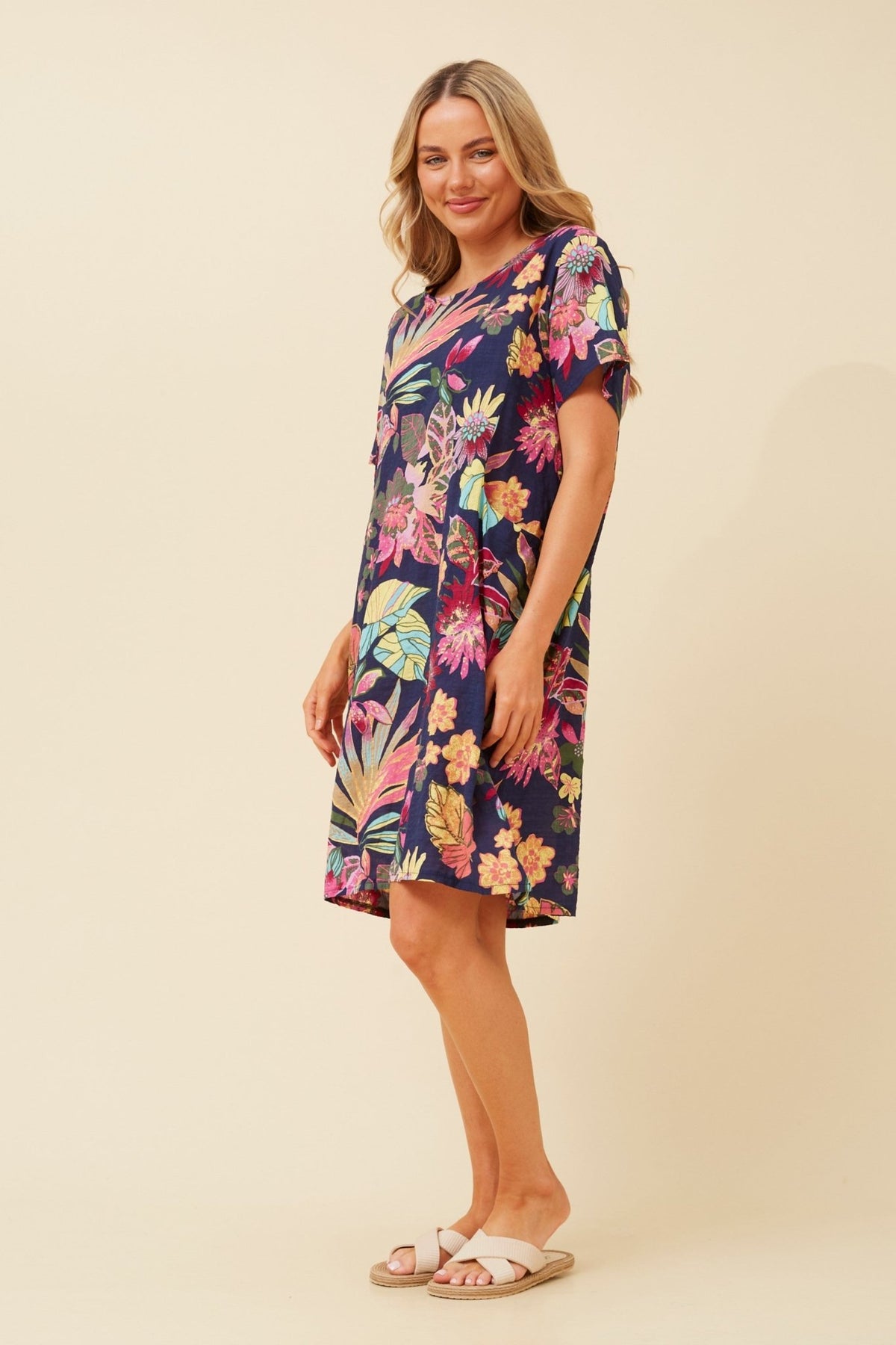 CAROLINE MORGAN_COTTON POCKET DRESS MULTI NAVY _ COTTON POCKET DRESS MULTI NAVY _ Ebony Boutique NZ