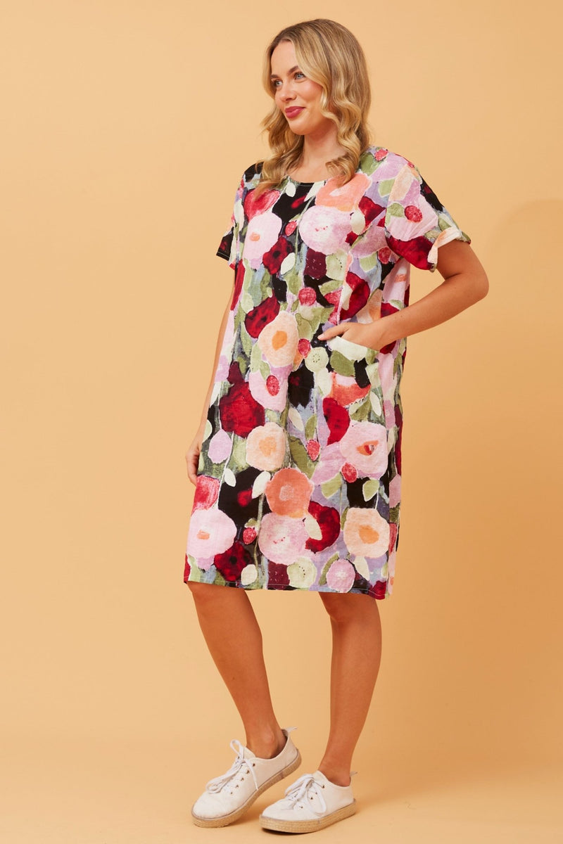 CAROLINE MORGAN_COTTON POCKET DRESS MULTI RED ROSE _ COTTON POCKET DRESS MULTI RED ROSE _ Ebony Boutique NZ