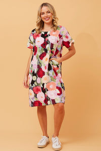 CAROLINE MORGAN_COTTON POCKET DRESS MULTI RED ROSE _ COTTON POCKET DRESS MULTI RED ROSE _ Ebony Boutique NZ