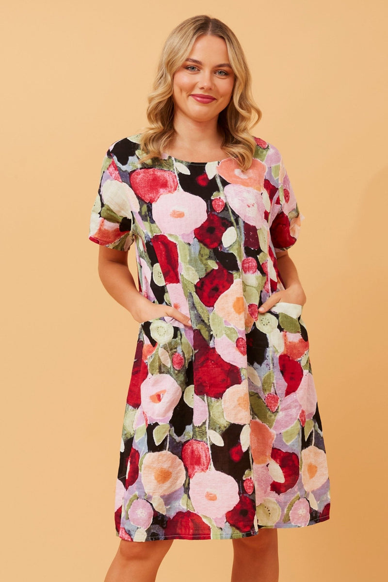 CAROLINE MORGAN_COTTON POCKET DRESS MULTI RED ROSE _ COTTON POCKET DRESS MULTI RED ROSE _ Ebony Boutique NZ