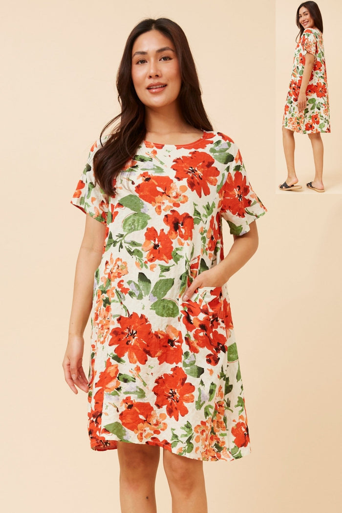 CAROLINE MORGAN_COTTON POCKET DRESS ORANGE FLORAL _ COTTON POCKET DRESS ORANGE FLORAL _ Ebony Boutique NZ
