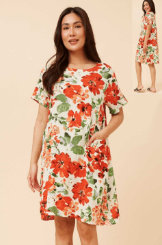 CAROLINE MORGAN_COTTON POCKET DRESS ORANGE FLORAL _ COTTON POCKET DRESS ORANGE FLORAL _ Ebony Boutique NZ