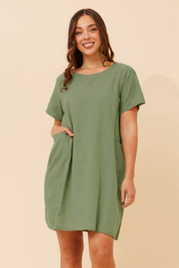 CAROLINE MORGAN_COTTON POCKET DRESS SAGE _ COTTON POCKET DRESS SAGE _ Ebony Boutique NZ