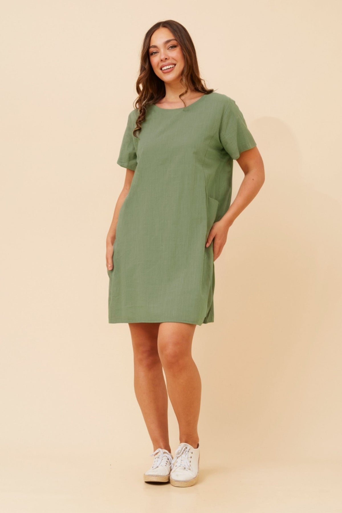 CAROLINE MORGAN_COTTON POCKET DRESS SAGE _ COTTON POCKET DRESS SAGE _ Ebony Boutique NZ