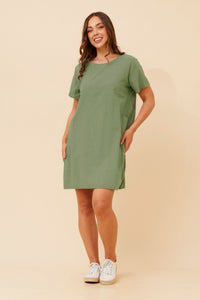 CAROLINE MORGAN_COTTON POCKET DRESS SAGE _ COTTON POCKET DRESS SAGE _ Ebony Boutique NZ