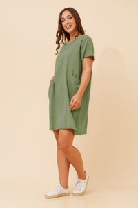 CAROLINE MORGAN_COTTON POCKET DRESS SAGE _ COTTON POCKET DRESS SAGE _ Ebony Boutique NZ