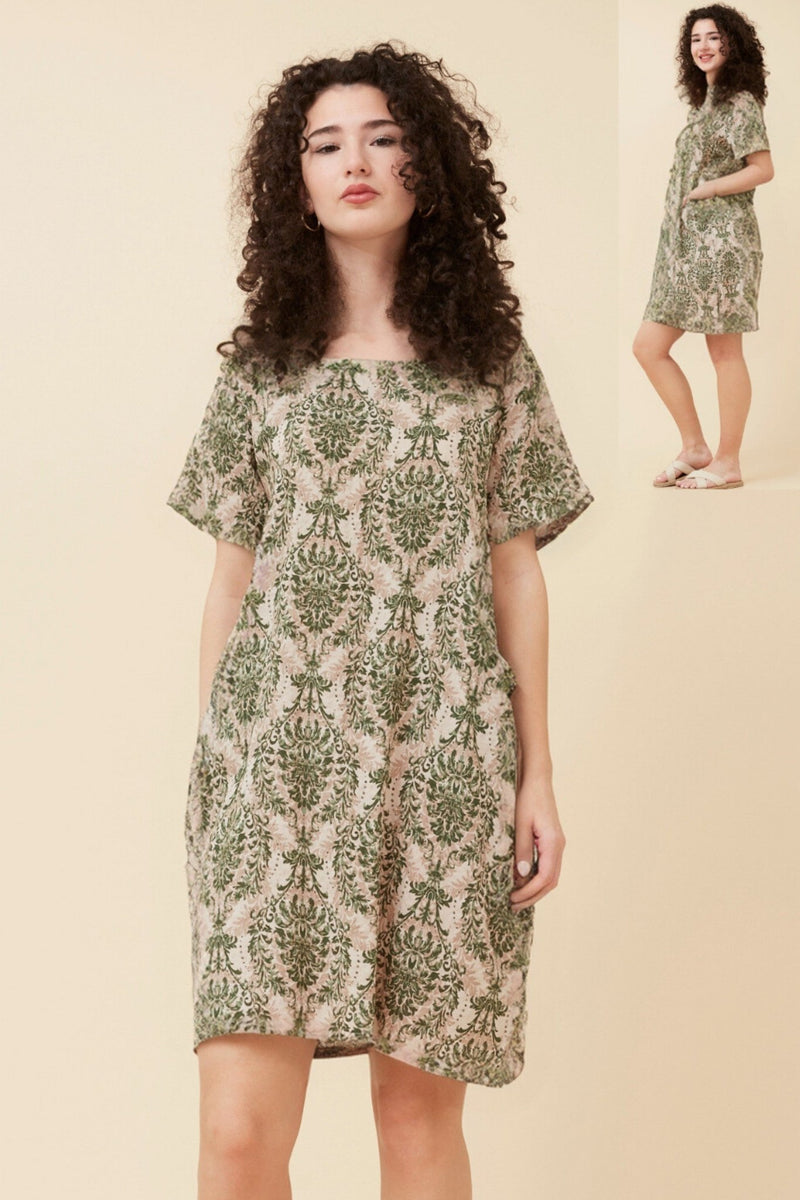CAROLINE MORGAN_COTTON VISCOSE POCKET DRESS FLORAL OLIVE _ COTTON VISCOSE POCKET DRESS FLORAL OLIVE _ Ebony Boutique NZ
