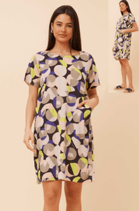 CAROLINE MORGAN_COTTON VISCOSE POCKET DRESS NAVY/BEIGE/GREEN GEO _ COTTON VISCOSE POCKET DRESS NAVY/BEIGE/GREEN GEO _ Ebony Boutique NZ