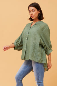 CAROLINE MORGAN_ESSENTIAL BUTTON BACK SHIRT KHAKI _ ESSENTIAL BUTTON BACK SHIRT KHAKI _ Ebony Boutique NZ