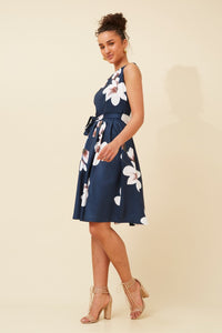 CAROLINE MORGAN_FLORAL FIT AND FLARE DRESS WAIST TIE NAVY _ FLORAL FIT AND FLARE DRESS WAIST TIE NAVY _ Ebony Boutique NZ