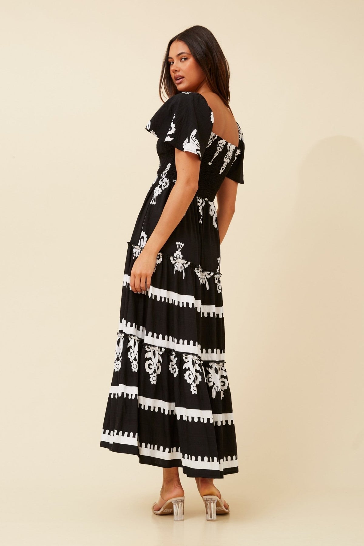 CAROLINE MORGAN_FLUTTER SLEEVE TIERED MAXI DRESS BLACK/WHITE _ FLUTTER SLEEVE TIERED MAXI DRESS BLACK/WHITE _ Ebony Boutique NZ