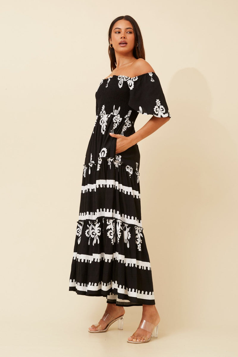 CAROLINE MORGAN_FLUTTER SLEEVE TIERED MAXI DRESS BLACK/WHITE _ FLUTTER SLEEVE TIERED MAXI DRESS BLACK/WHITE _ Ebony Boutique NZ