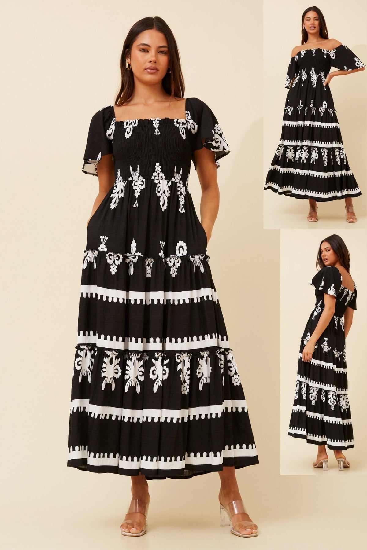 CAROLINE MORGAN_FLUTTER SLEEVE TIERED MAXI DRESS BLACK/WHITE _ FLUTTER SLEEVE TIERED MAXI DRESS BLACK/WHITE _ Ebony Boutique NZ