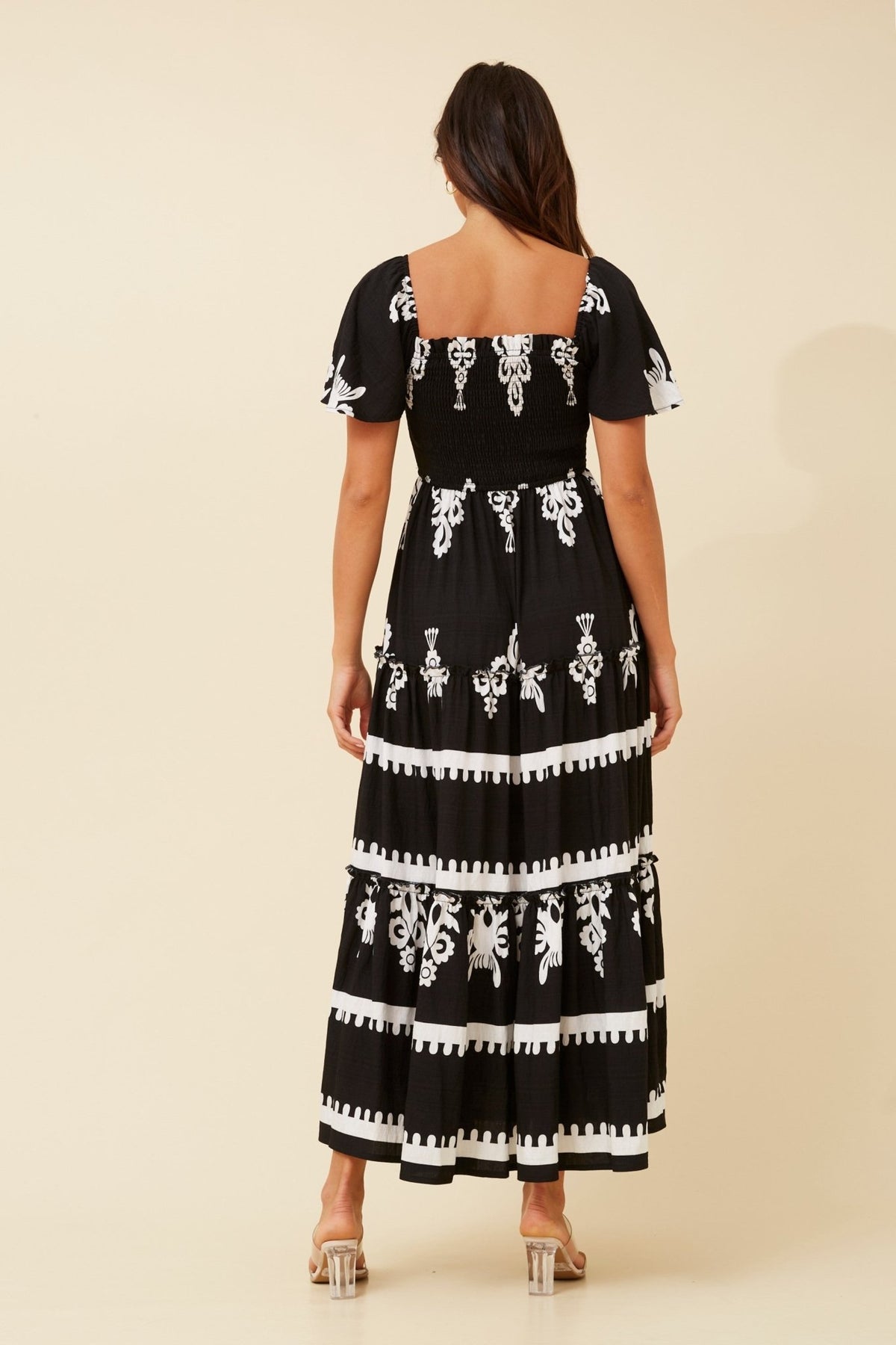 CAROLINE MORGAN_FLUTTER SLEEVE TIERED MAXI DRESS BLACK/WHITE _ FLUTTER SLEEVE TIERED MAXI DRESS BLACK/WHITE _ Ebony Boutique NZ