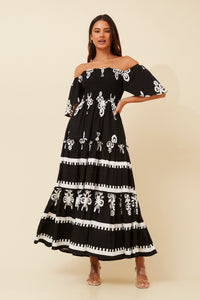 CAROLINE MORGAN_FLUTTER SLEEVE TIERED MAXI DRESS BLACK/WHITE _ FLUTTER SLEEVE TIERED MAXI DRESS BLACK/WHITE _ Ebony Boutique NZ