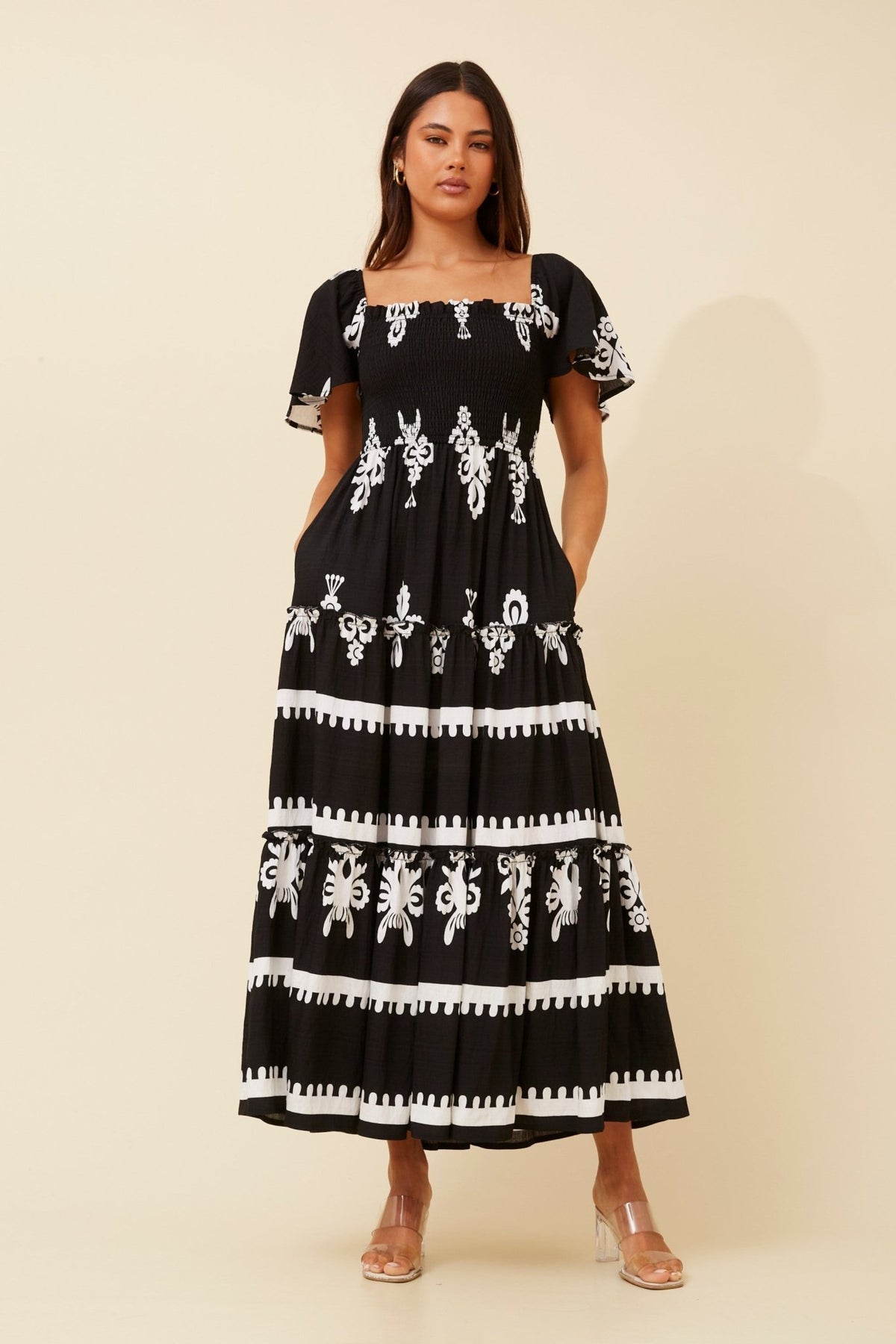 CAROLINE MORGAN_FLUTTER SLEEVE TIERED MAXI DRESS BLACK/WHITE _ FLUTTER SLEEVE TIERED MAXI DRESS BLACK/WHITE _ Ebony Boutique NZ