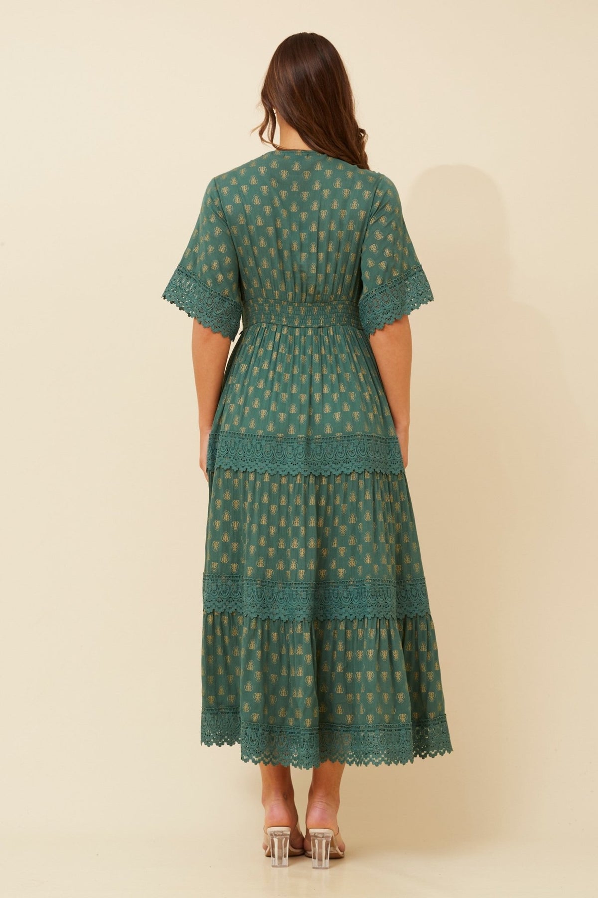 CAROLINE MORGAN_GREEN ASH LACE TRIM DRESS _ GREEN ASH LACE TRIM DRESS _ Ebony Boutique NZ