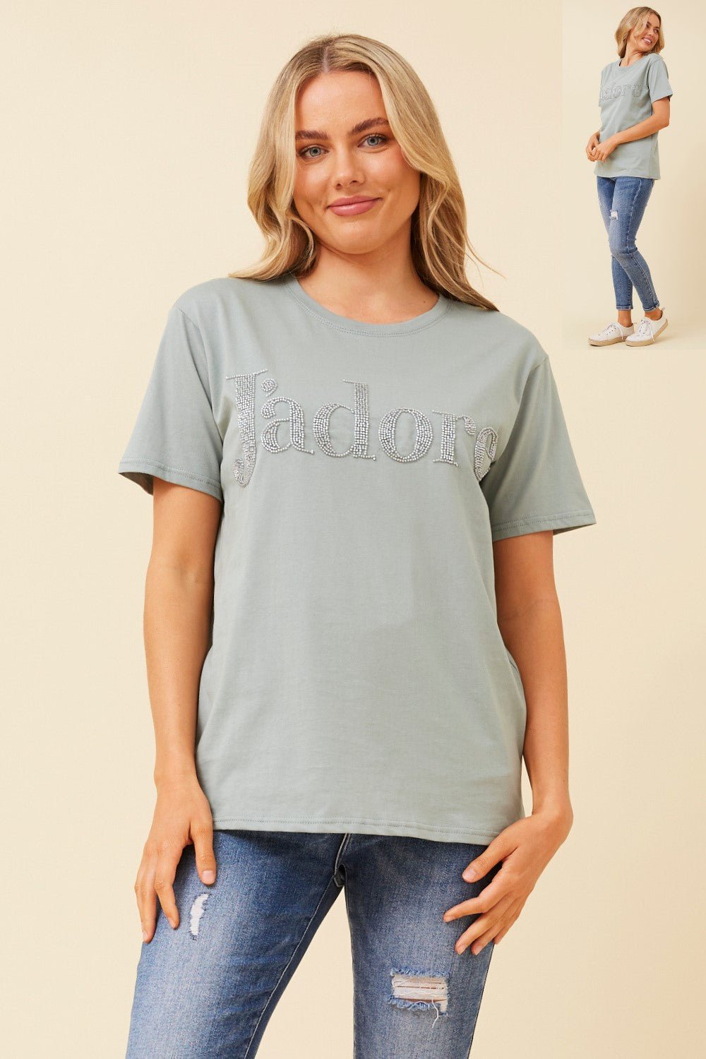 CAROLINE MORGAN_J'ADORE COTTON TEE SAGE _ J'ADORE COTTON TEE SAGE _ Ebony Boutique NZ