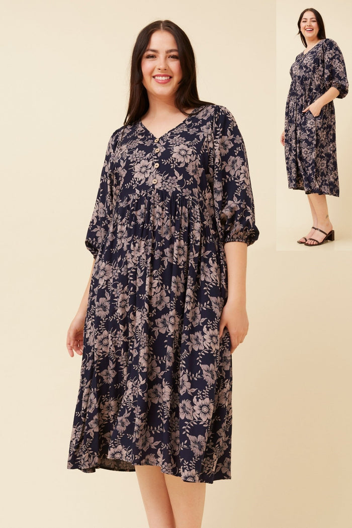 CAROLINE MORGAN_NAVY FLORAL DRESS GATHERED CUFF _ NAVY FLORAL DRESS GATHERED CUFF _ Ebony Boutique NZ