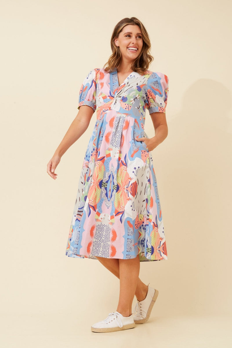 CAROLINE MORGAN_PUFF SLEEVE V NECK EMPIRE LINE COTTON PRINT DRESS _ PUFF SLEEVE V NECK EMPIRE LINE COTTON PRINT DRESS _ Ebony Boutique NZ