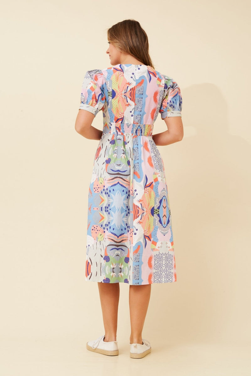 CAROLINE MORGAN_PUFF SLEEVE V NECK EMPIRE LINE COTTON PRINT DRESS _ PUFF SLEEVE V NECK EMPIRE LINE COTTON PRINT DRESS _ Ebony Boutique NZ