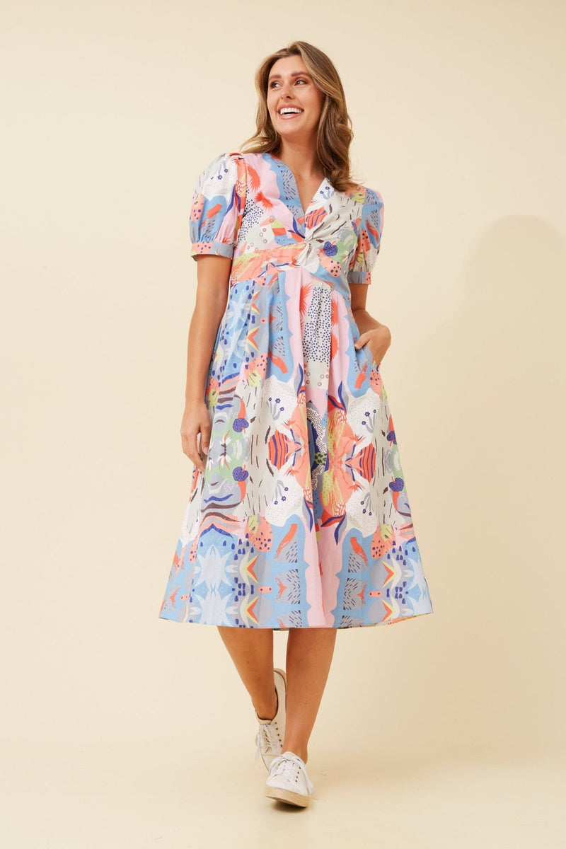 CAROLINE MORGAN_PUFF SLEEVE V NECK EMPIRE LINE COTTON PRINT DRESS _ PUFF SLEEVE V NECK EMPIRE LINE COTTON PRINT DRESS _ Ebony Boutique NZ