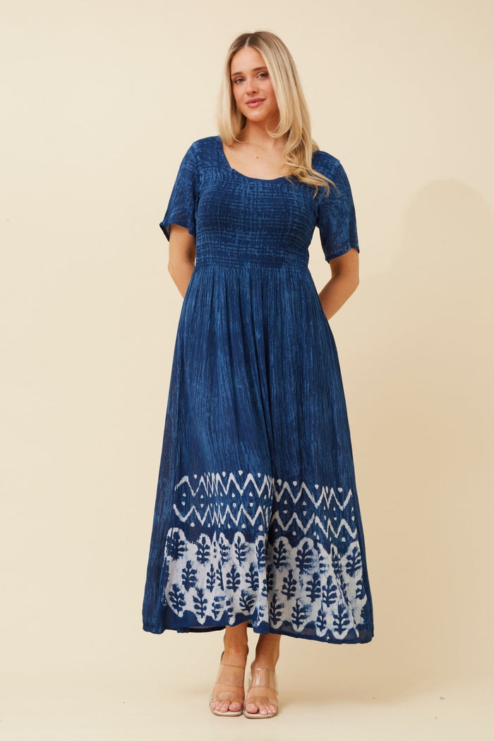 CAROLINE MORGAN_SHIRRED BUST BEACH DRESS WITH SLEEVES PRINTED HEM BLUE _ SHIRRED BUST BEACH DRESS WITH SLEEVES PRINTED HEM BLUE _ Ebony Boutique NZ