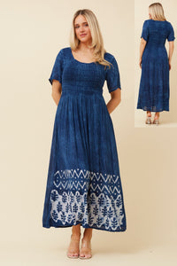 CAROLINE MORGAN_SHIRRED BUST BEACH DRESS WITH SLEEVES PRINTED HEM BLUE _ SHIRRED BUST BEACH DRESS WITH SLEEVES PRINTED HEM BLUE _ Ebony Boutique NZ