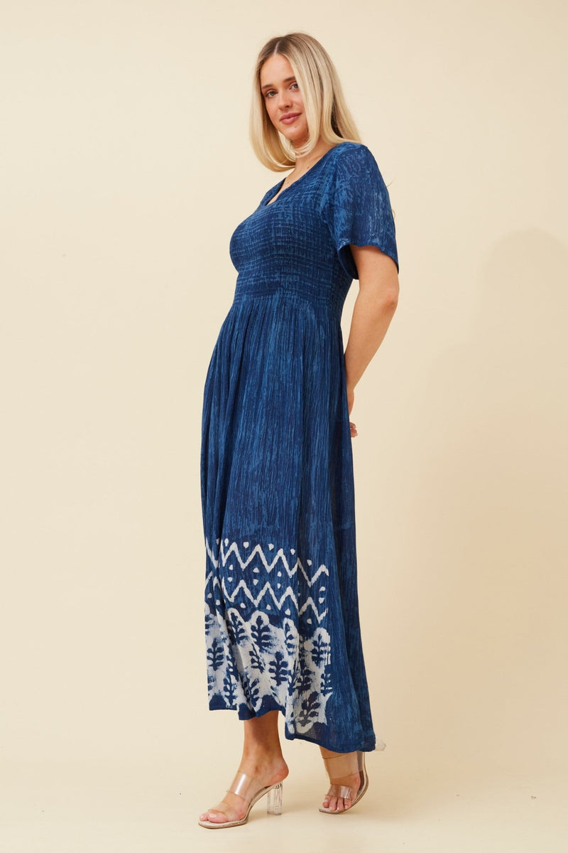 CAROLINE MORGAN_SHIRRED BUST BEACH DRESS WITH SLEEVES PRINTED HEM BLUE _ SHIRRED BUST BEACH DRESS WITH SLEEVES PRINTED HEM BLUE _ Ebony Boutique NZ