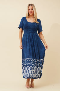 CAROLINE MORGAN_SHIRRED BUST BEACH DRESS WITH SLEEVES PRINTED HEM BLUE _ SHIRRED BUST BEACH DRESS WITH SLEEVES PRINTED HEM BLUE _ Ebony Boutique NZ