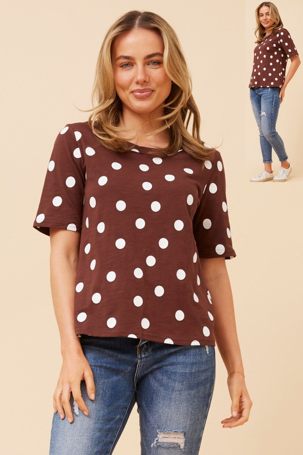 CAROLINE MORGAN_SHORT SLEEVE POLKA DOT PRINT TEE CHOCOLATE _ SHORT SLEEVE POLKA DOT PRINT TEE CHOCOLATE _ Ebony Boutique NZ