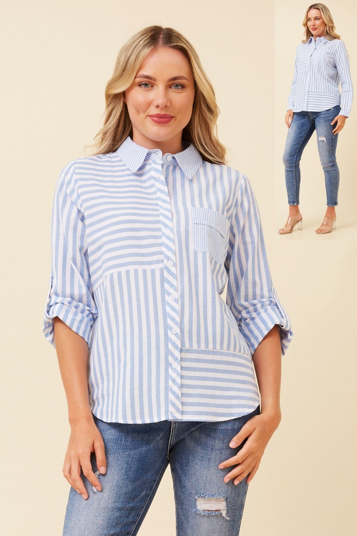 CAROLINE MORGAN_STRIPE SHIRT BLUE _ STRIPE SHIRT BLUE _ Ebony Boutique NZ