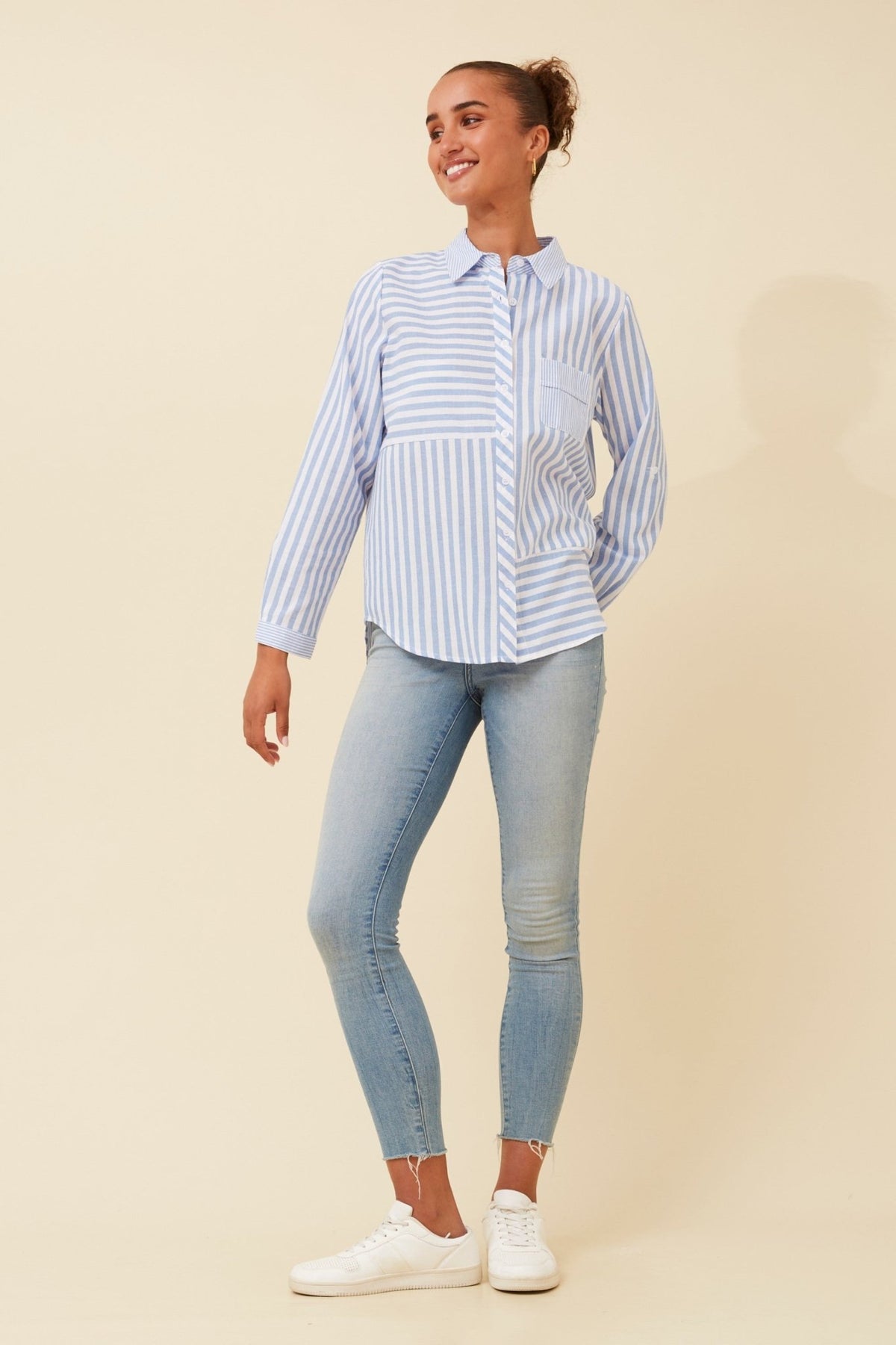 CAROLINE MORGAN_STRIPE SHIRT BLUE _ STRIPE SHIRT BLUE _ Ebony Boutique NZ