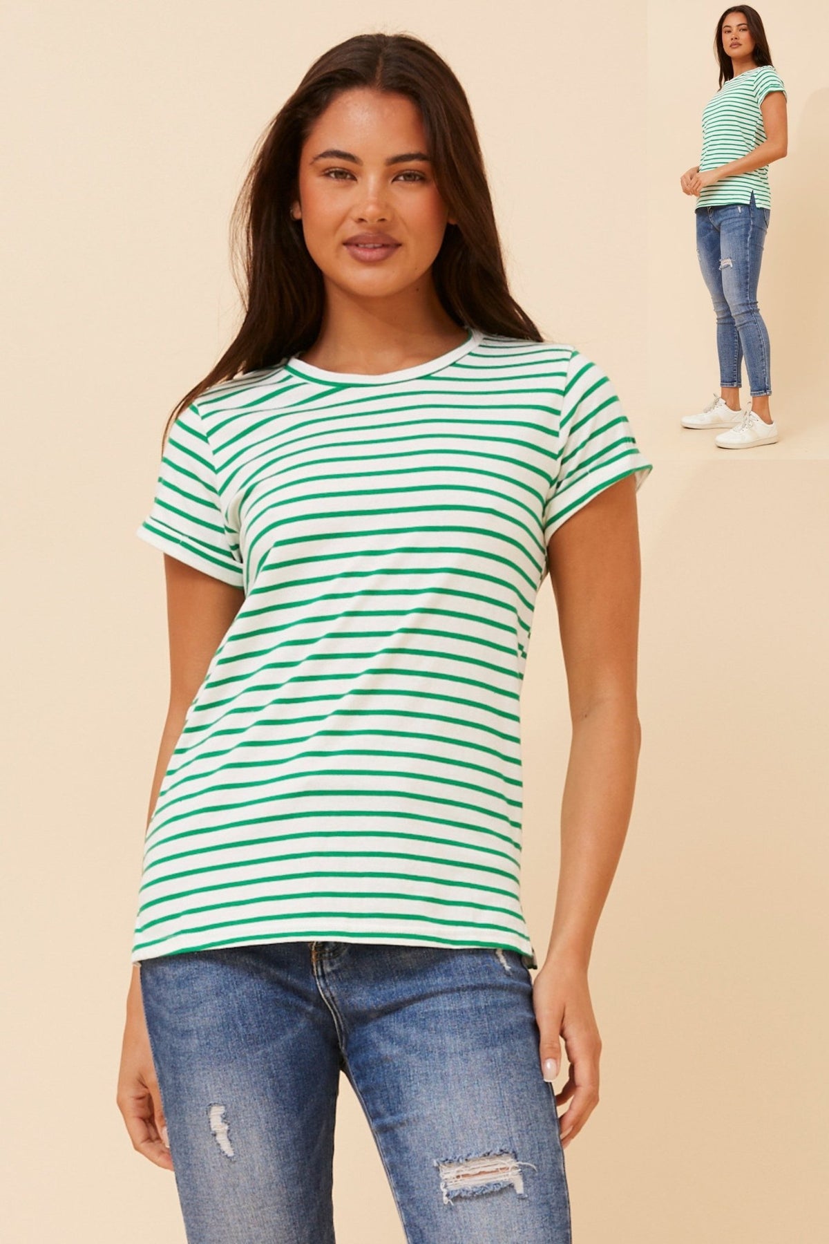 CAROLINE MORGAN_STRIPE TSHIRT GREEN / WHITE _ STRIPE TSHIRT GREEN / WHITE _ Ebony Boutique NZ