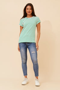 CAROLINE MORGAN_STRIPE TSHIRT GREEN / WHITE _ STRIPE TSHIRT GREEN / WHITE _ Ebony Boutique NZ
