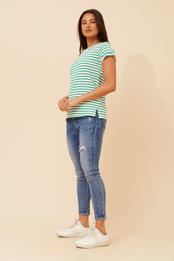 CAROLINE MORGAN_STRIPE TSHIRT GREEN / WHITE _ STRIPE TSHIRT GREEN / WHITE _ Ebony Boutique NZ